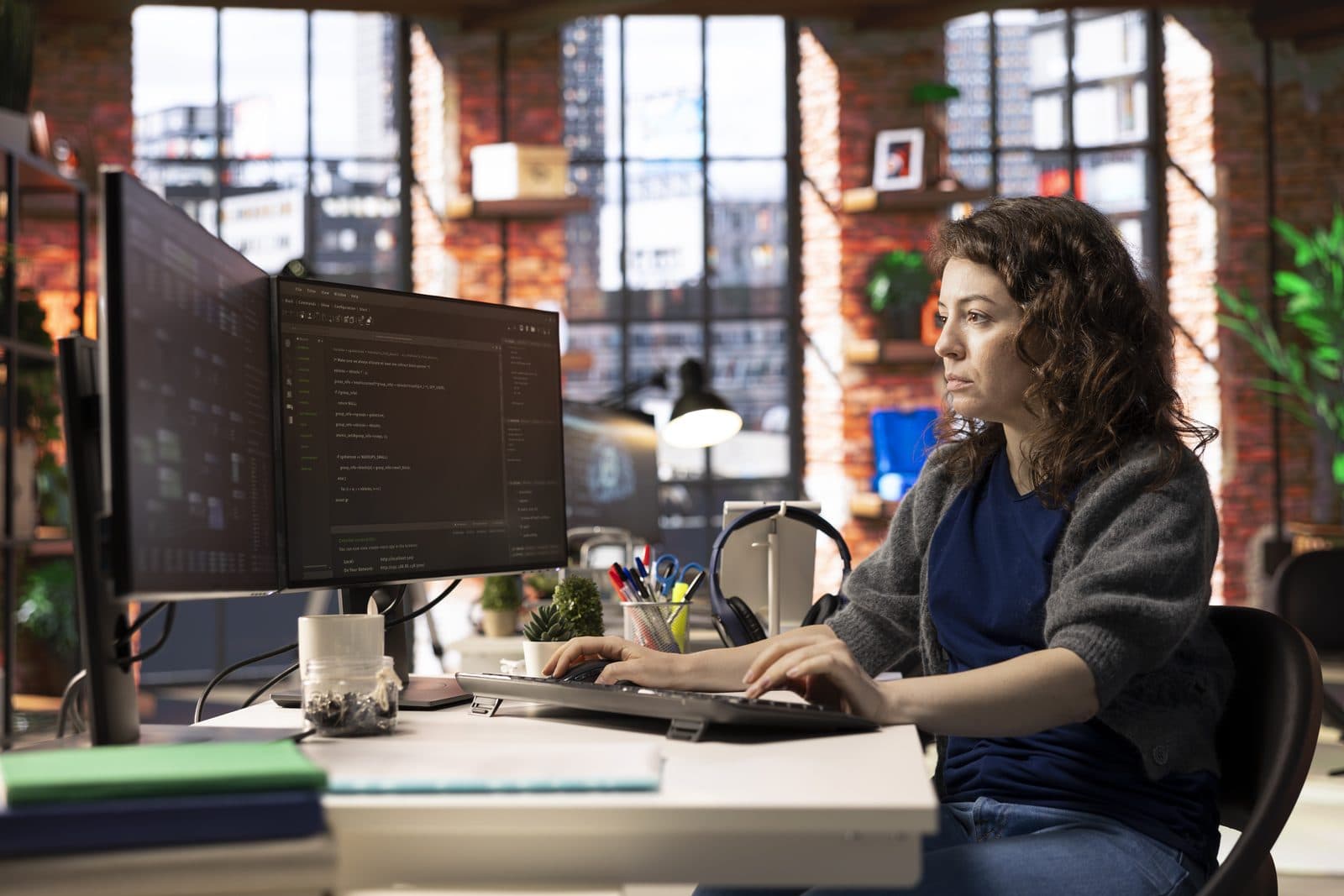 A developer writing code at a two-screen workstation